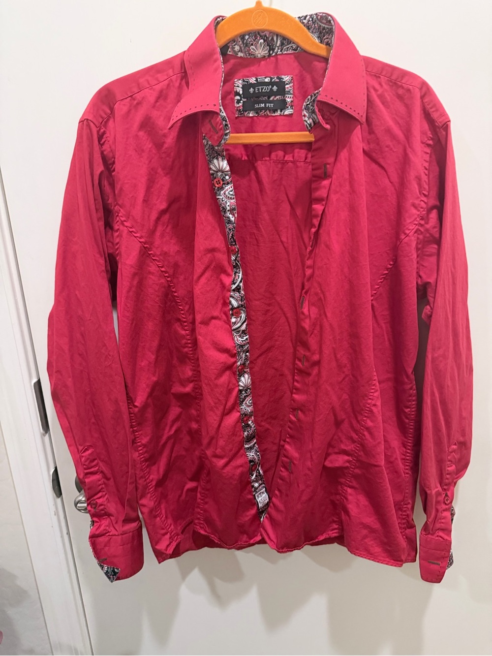 ETZO Slim Fit Red Button-Up Shirt with Paisley Trim